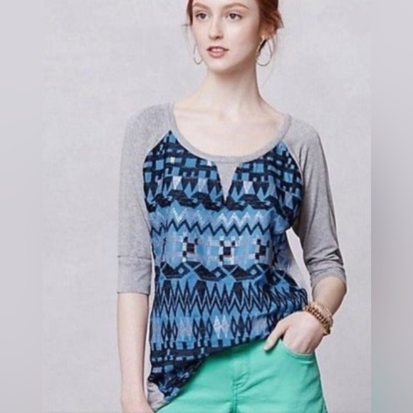 Dolan T-Shirt Anthropologie Blue & Gray  Lamai Embroidered Top Southwestern Sz M - Picture 3 of 15